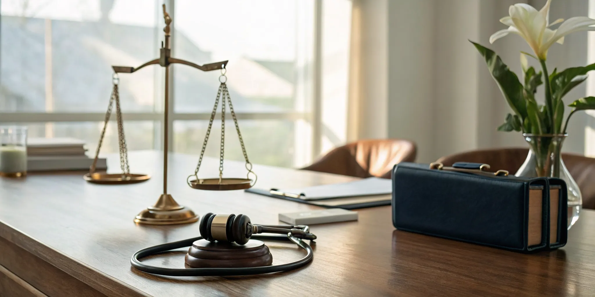 Gavel, scales of justice, and stethoscope for suing a hospital for wrongful death.