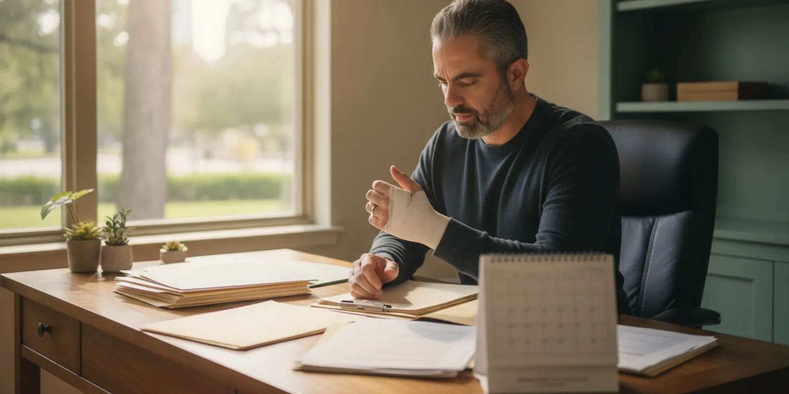 Person reviewing injury claim paperwork at a desk with a Texas map nearby