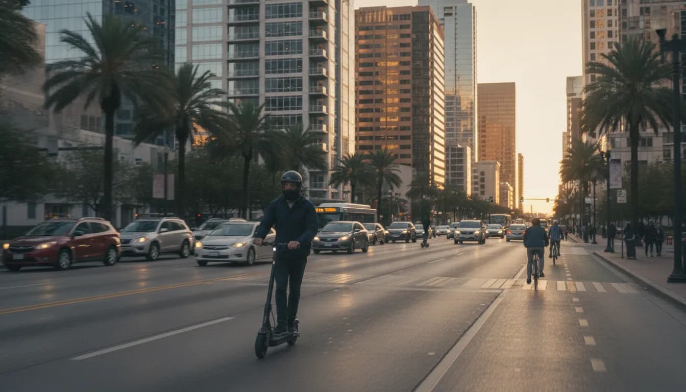 Rider on an electric scooter on an Austin street with city buildings in the background