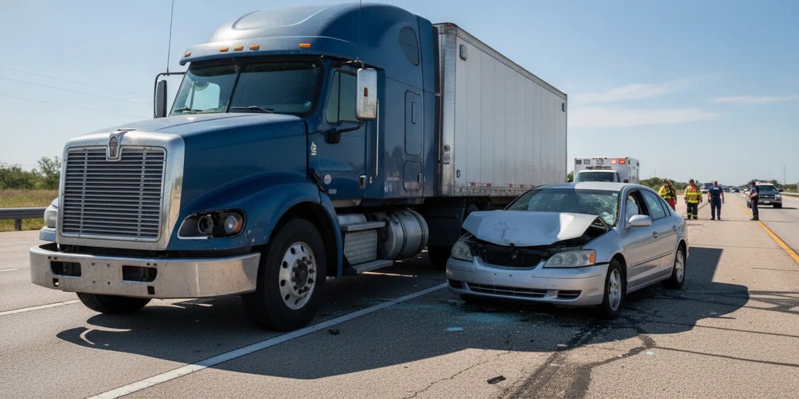 Damaged semi truck and passenger vehicle at an Austin-area crash scene