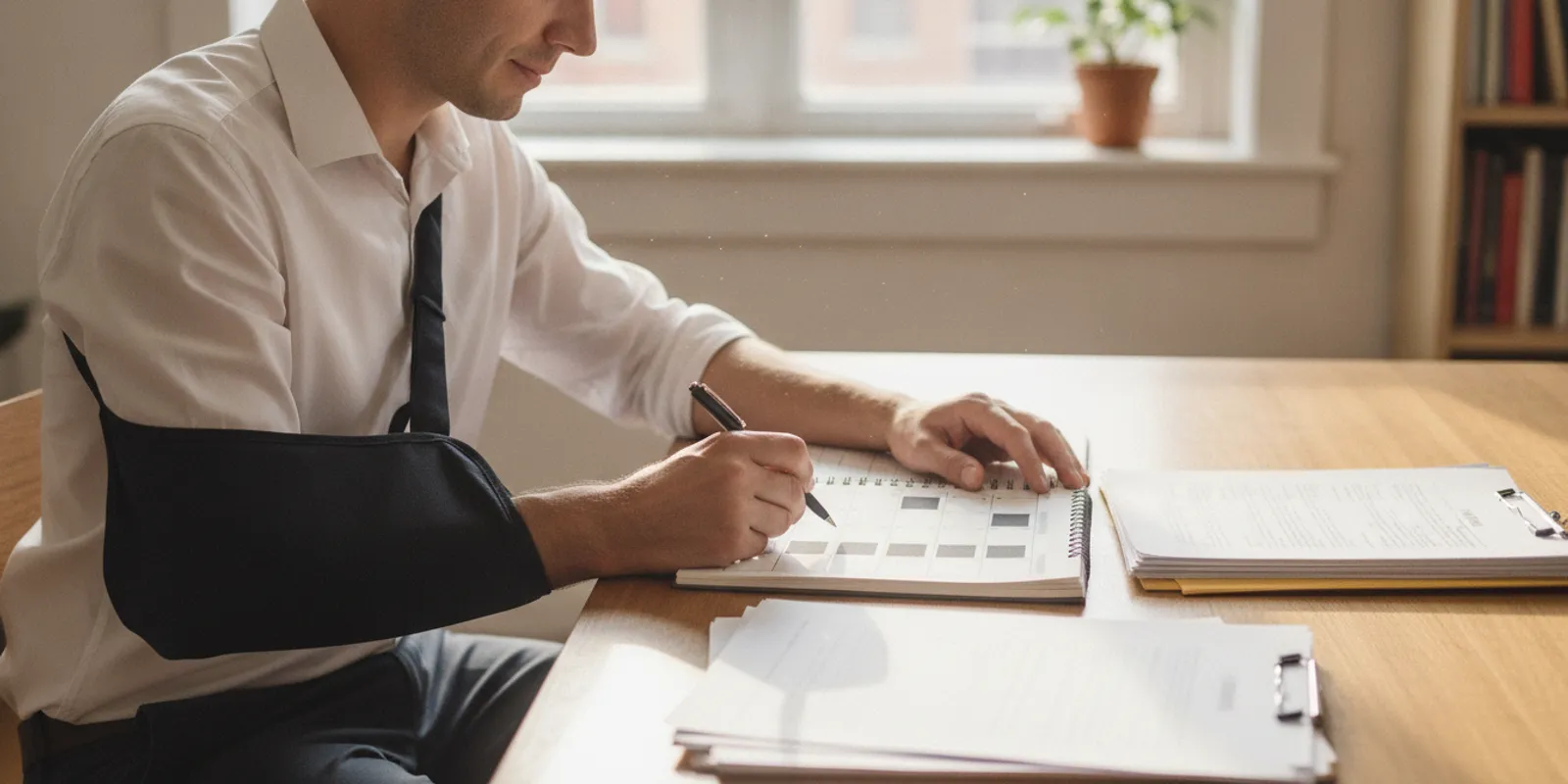 A person reviewing legal papers and a calendar at a desk