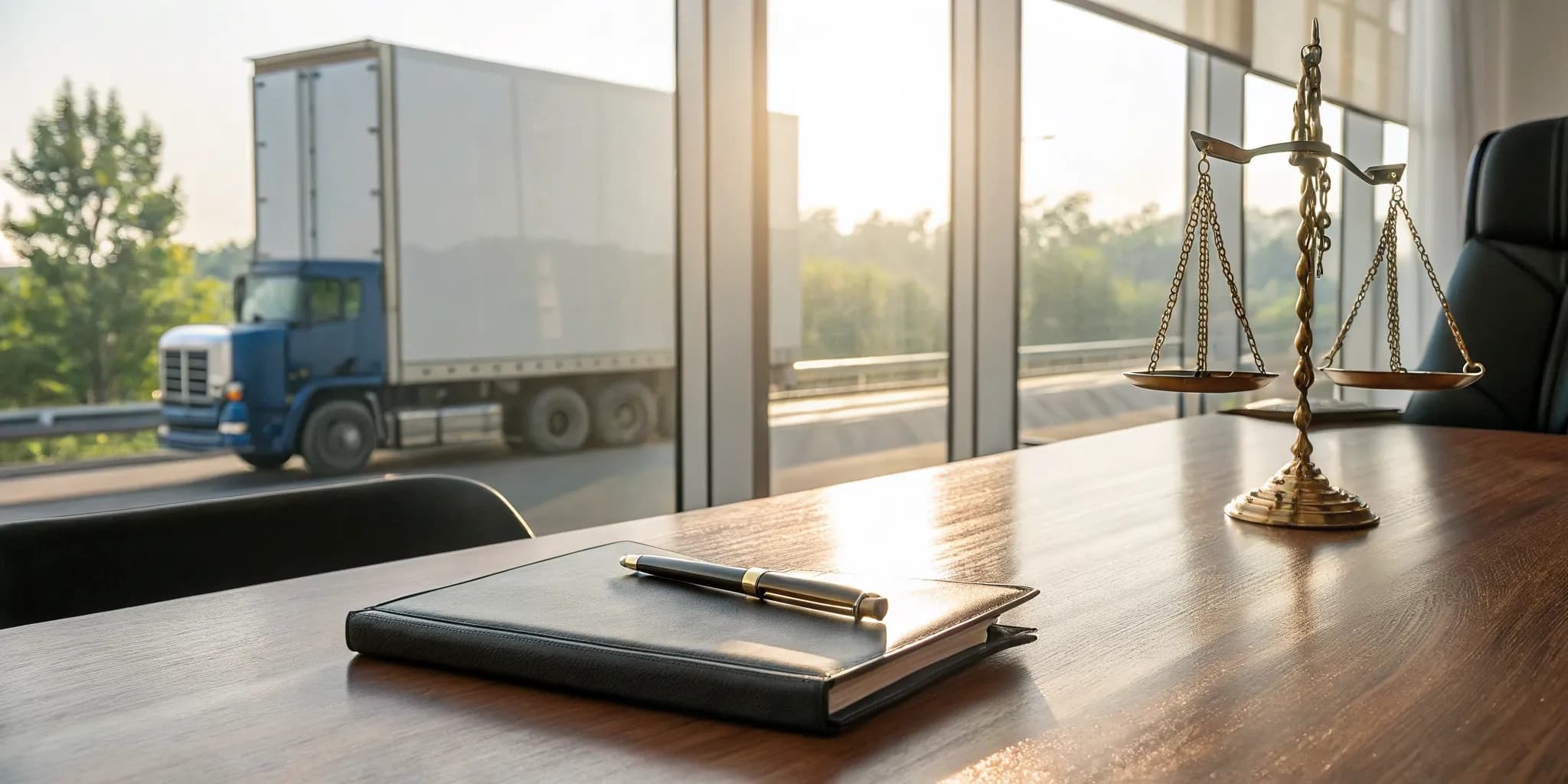 A Tyler 18-wheeler accident lawyer's desk with scales of justice.